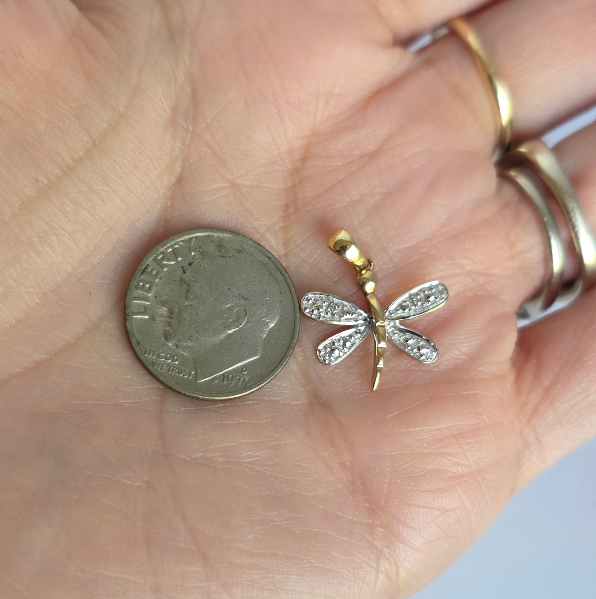 Sweet 10k Two Toned Gold Diamond Accented Dainty Dragonfly Pendant (NO CHAIN)