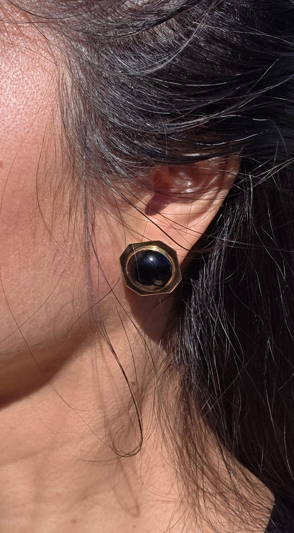 Geometric 14k Gold Onyx Cabochon Statement Button Earrings