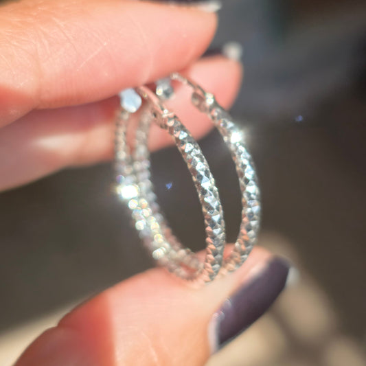 Medium 24mm Textured Sparkling Sterling Silver Hoops Earrings