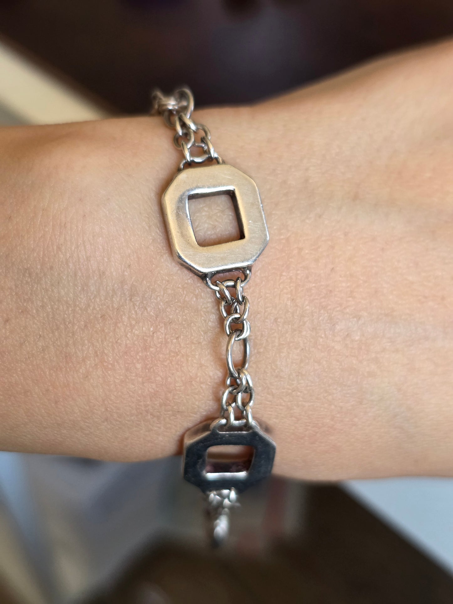 Unique Italian Made 70s Vintage Squared Link Sterling Silver Solid Bracelet 7.9"