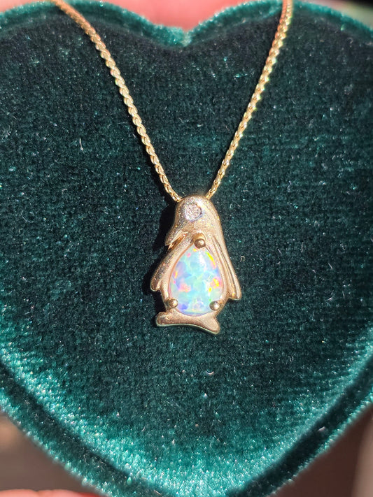 Adorable 10k Gold Opal and Diamond Penguin Pendant (NO CHAIN)