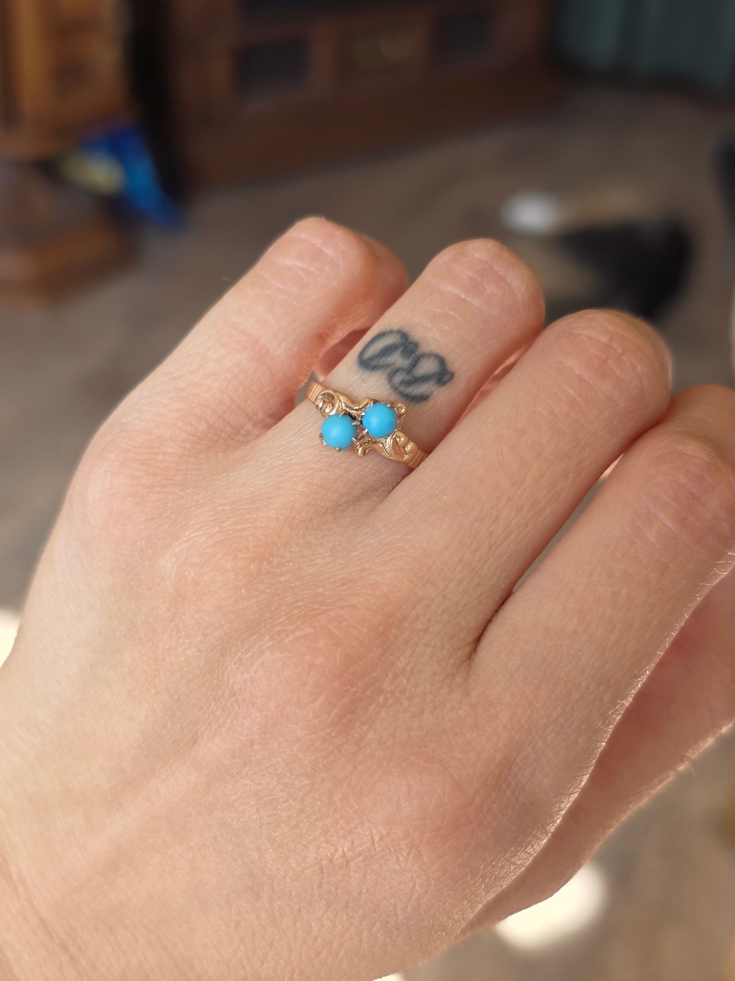 Gorgeous 10k Victorian Style Toi Et Moi Turquoise Ring Size 5