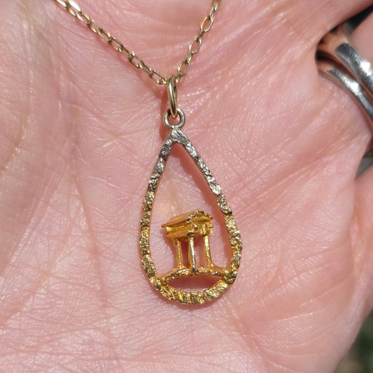 #10- 10k Gold 3D Greek Temple Inside Tear Drop Nugget 2T Ombre Frame Charm (NO CHAIN)