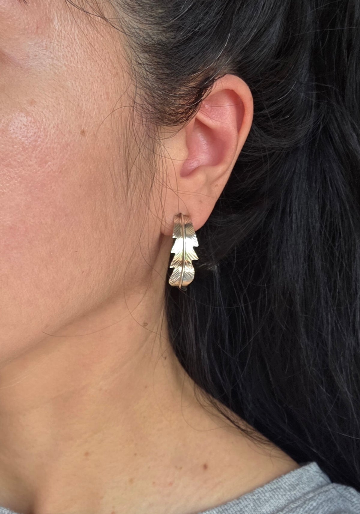 Sterling Silver Curved Feather Half Hoops Earrings