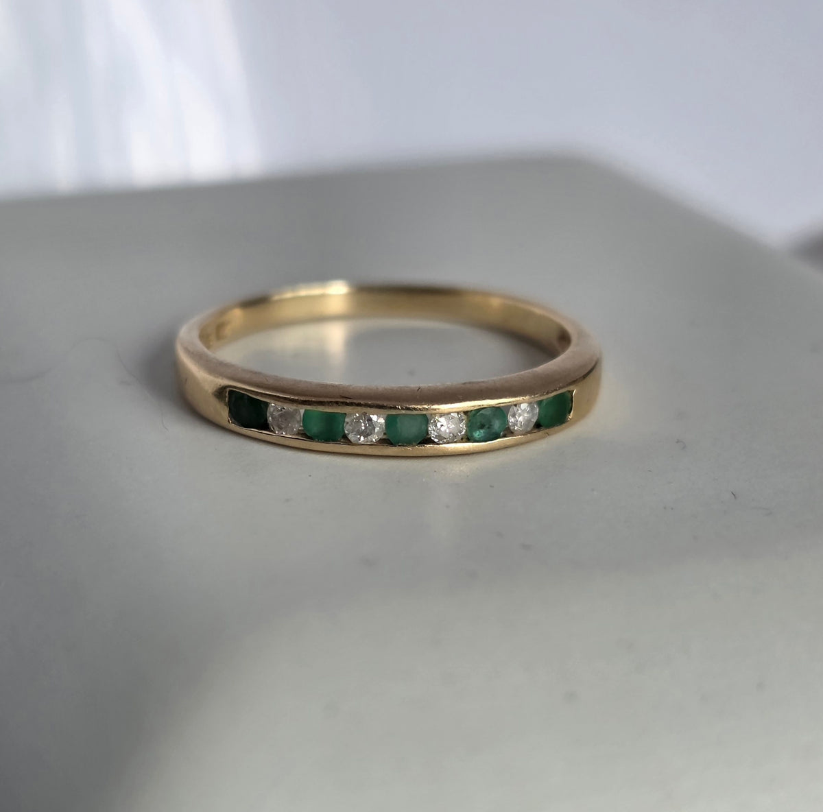 Lovely 10k Gold Channel Set Emerald and Diamond Stacker Band Ring Size 8.75