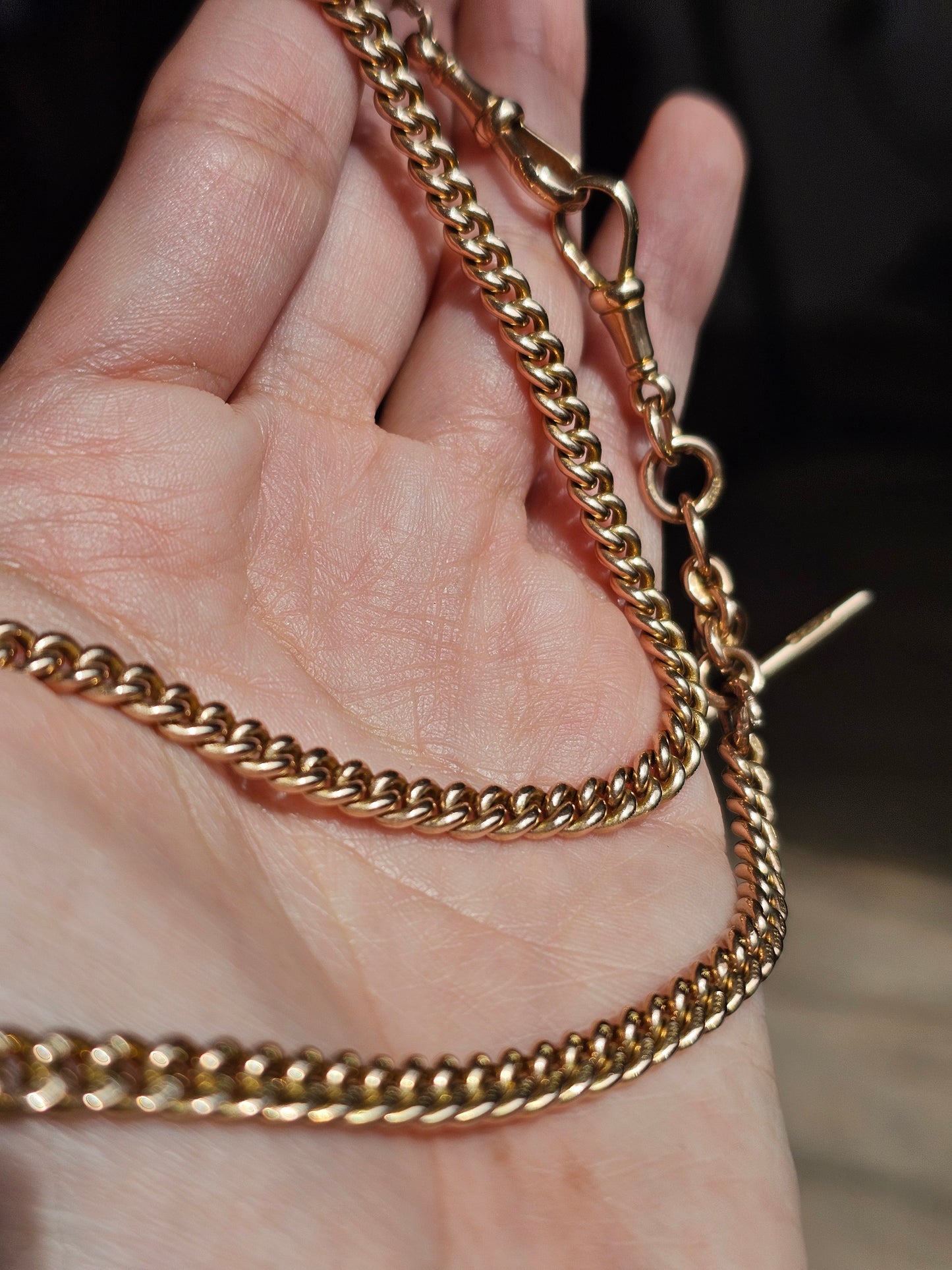 Beautiful Antique 9k Rosey Yellow Gold Tight Curb Watch Chain With T Bar Dangle 16.25"