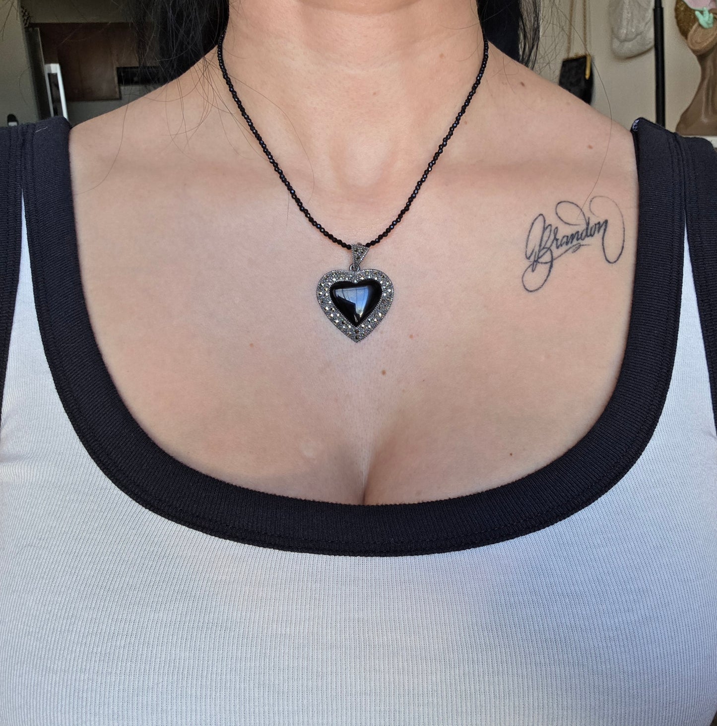 Amazing Sterling Silver Black Onyx Heart & Marcasite Large Pendant (NO CHAIN)