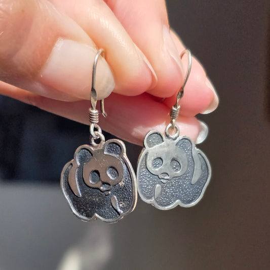 Solid Sterling Silver Panda Bear Dangle Earrings