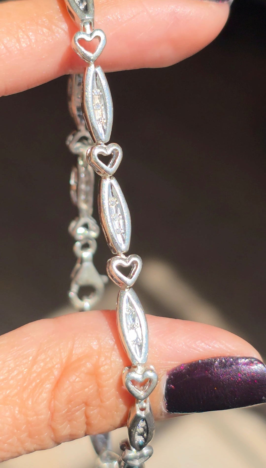 Pretty Sterling Silver Open Heart & Marquise Link Diamond Accented Tennis Bracelet 7.75"