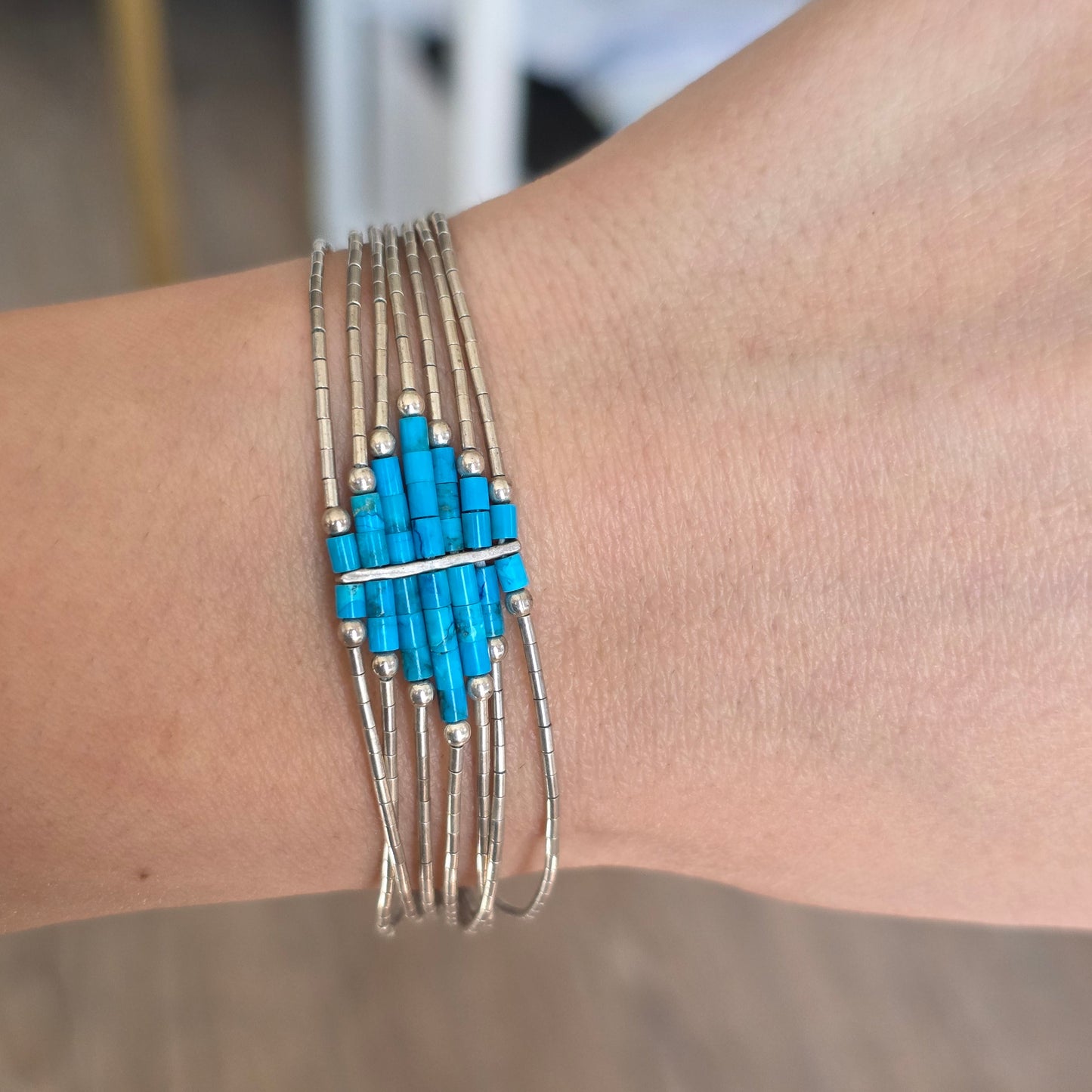 Liquid Silver 925 Sterling Turquoise Bead Geometric Multistrand Bracelet 6.75"