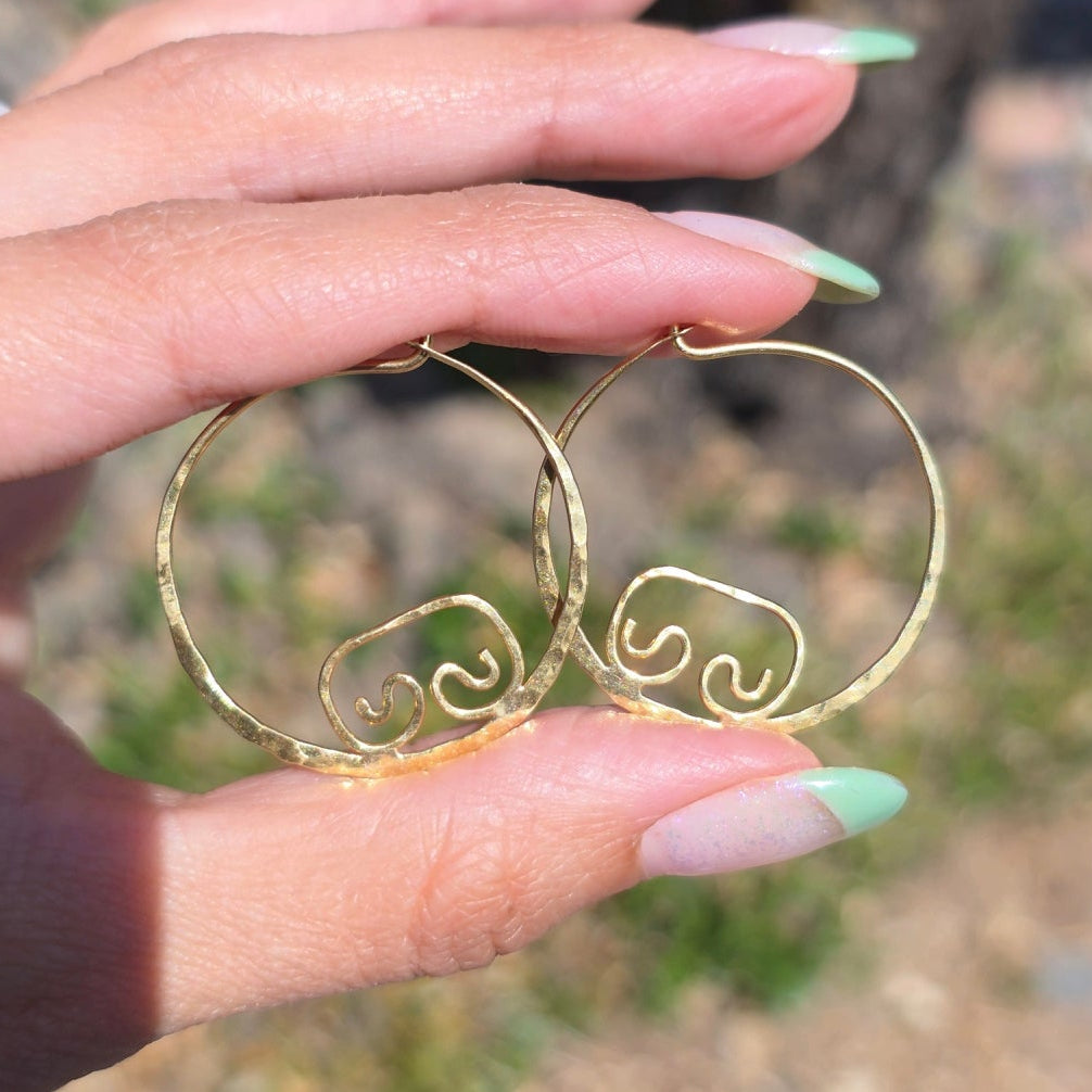 Awesome 18k Yellow Gold Hammered Flat Hoops Earrings