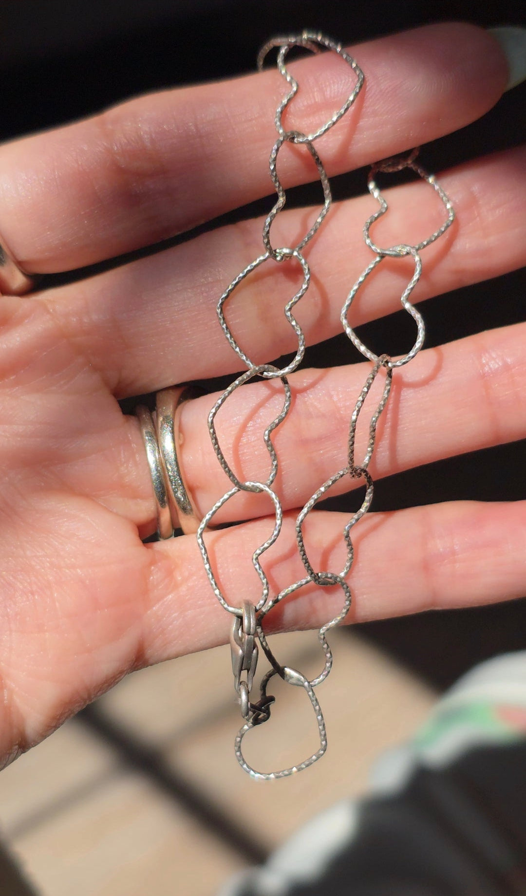 Pretty Sterling Silver Open Heart Link Textured Lightweight Bracelet 7.5"