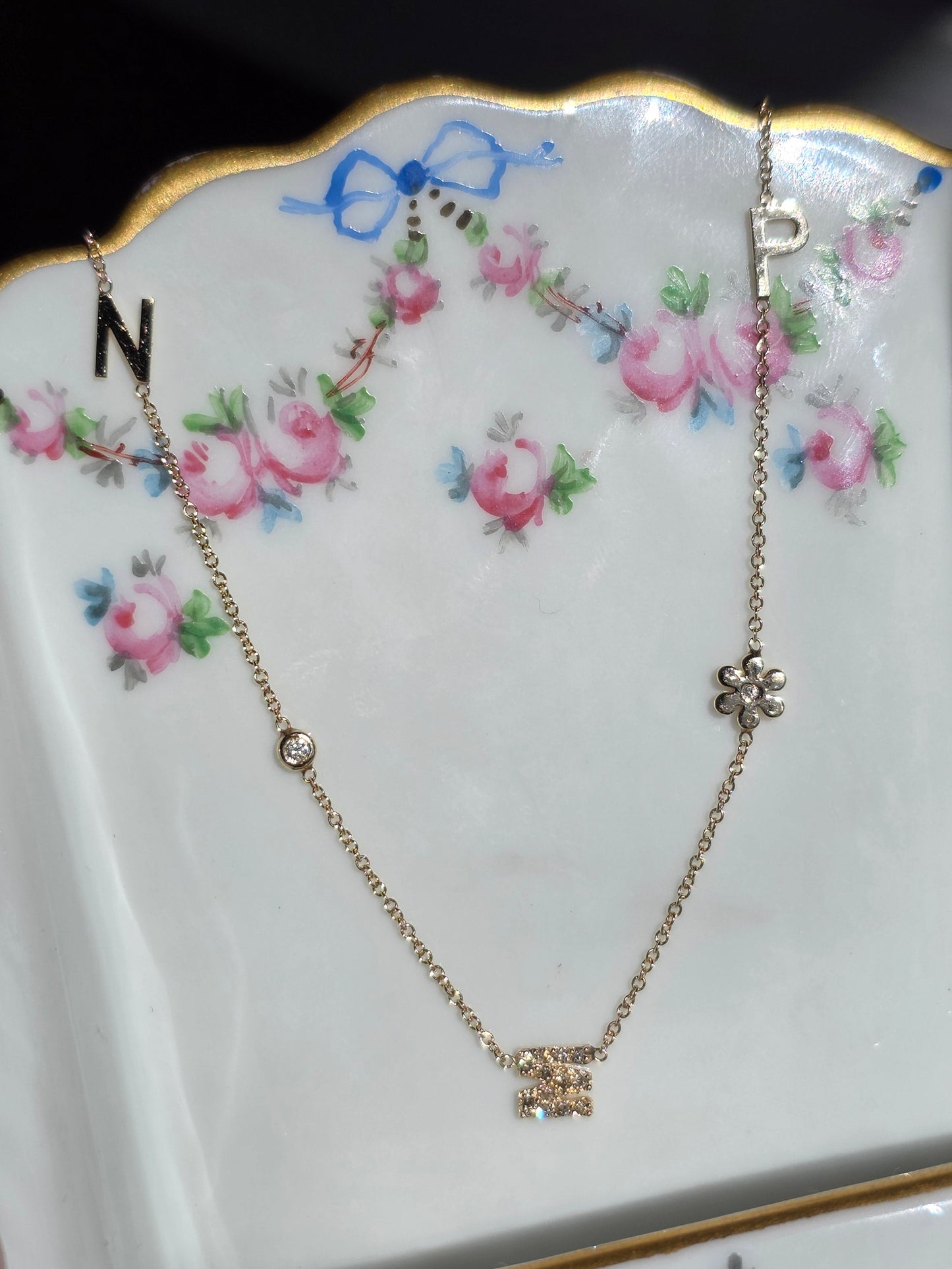 Lovely 14k Gold "NMP" Initial Station Diamond Flower / Bezel Diamond Necklace 16"/18"