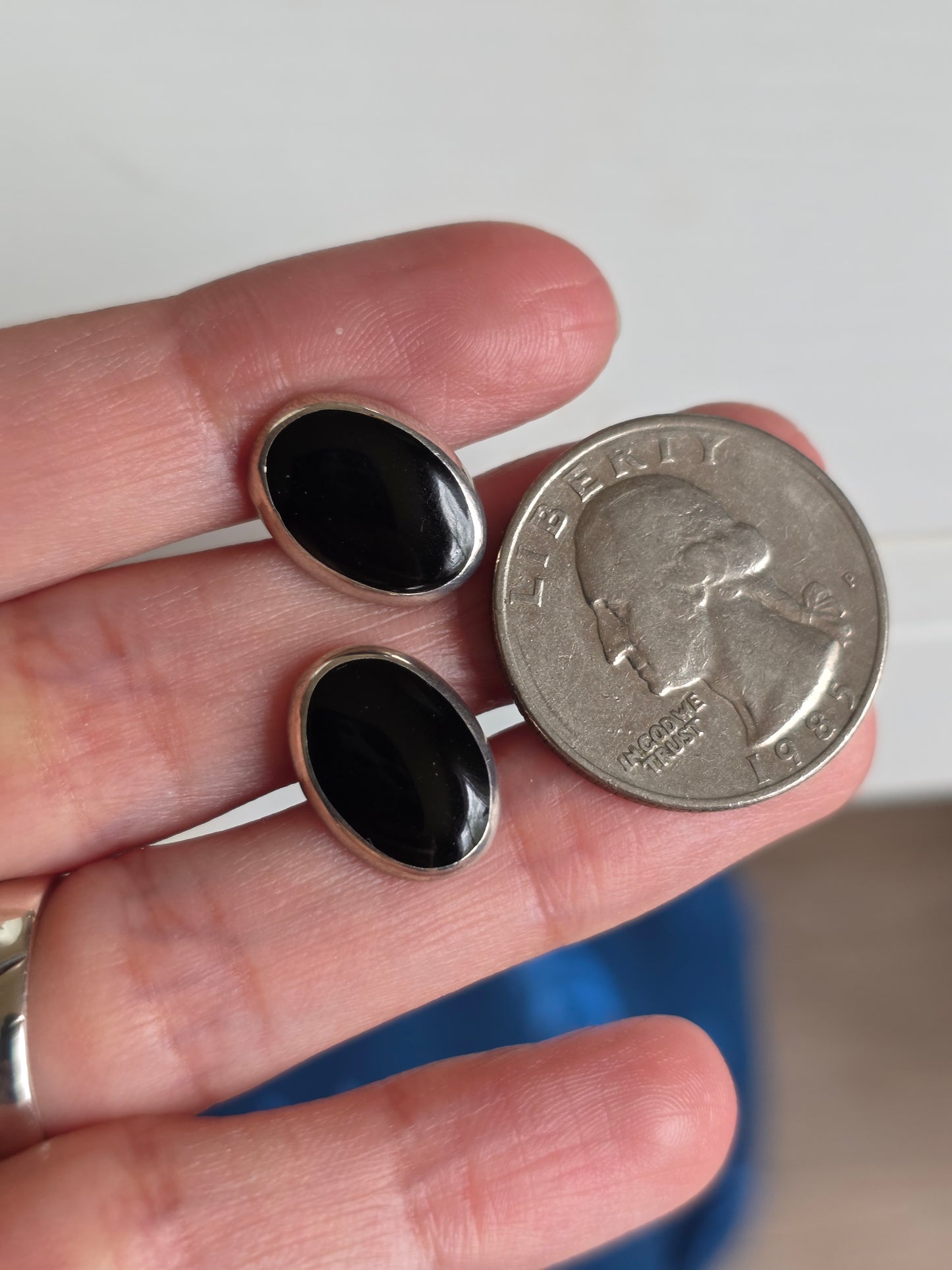 Sterling Silver Oval Onyx Inlay Statement Earrings
