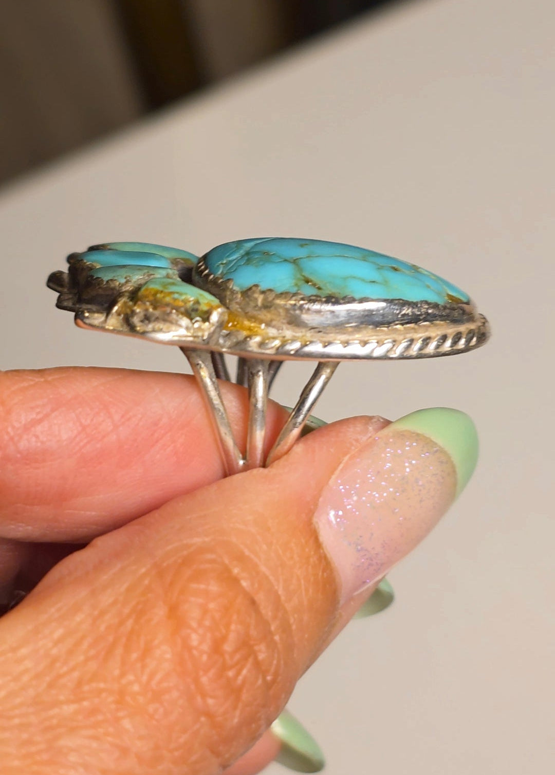 Vintage Signed MAJ Native American Turquoise Bear Claw/Paw Print Sterling Silver Solid Statement Ring Size 5