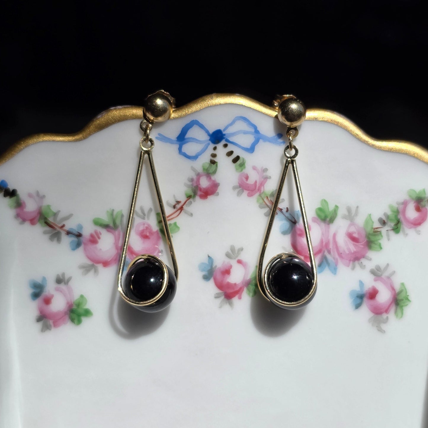 Elegant 14k Gold And Onyx Bead Dangle Teardrop Earrings