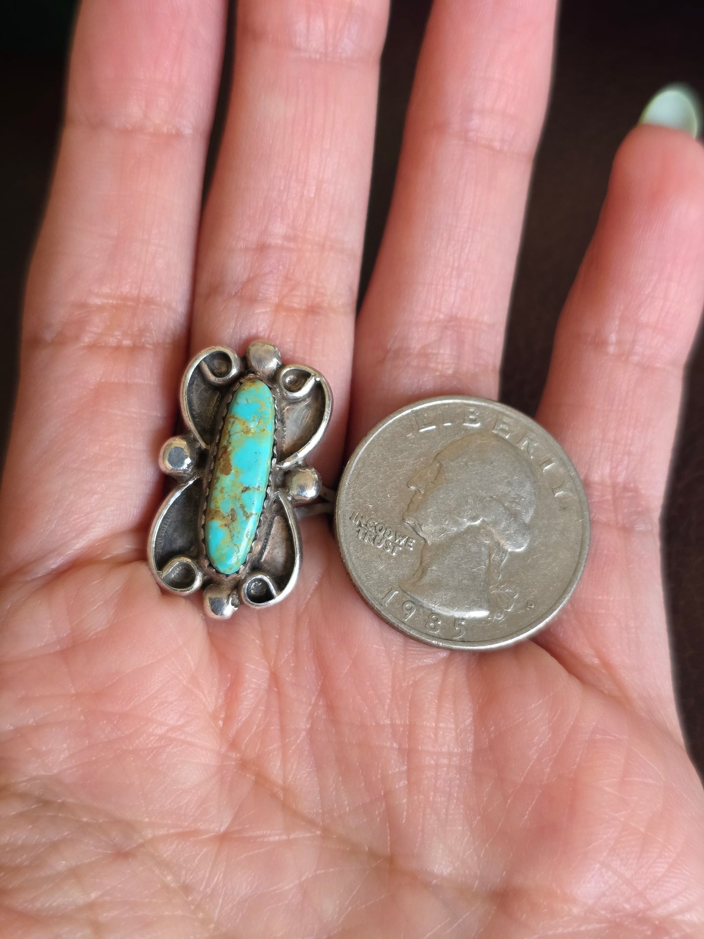Vintage Navajo Style Signed RB Elongated Royston Turquoise Gemstone Sterling Silver Statement Ring Size 5.5