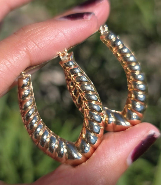 14k Croissant / Shrimp Style Elongated Hollow Statement Hoops Earrings