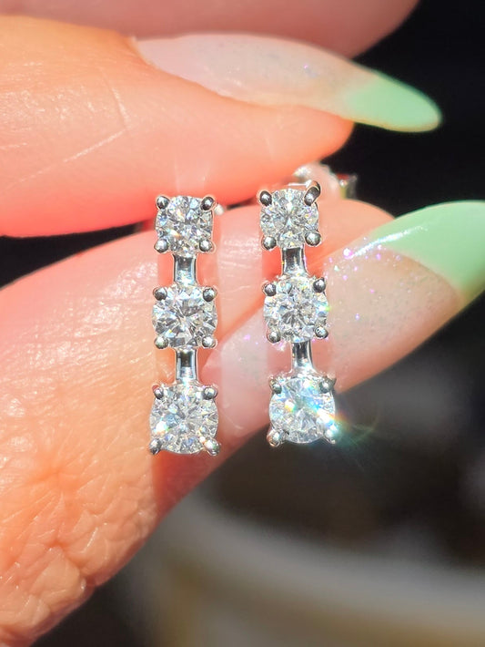 Stunning 14k White Gold 1.10TCW 3 Diamond Bar Drop Earrings