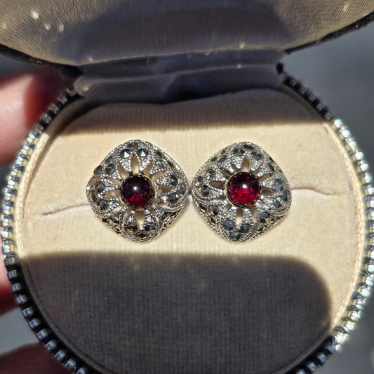 Gorgeous Vintage Sterling Silver Garnet Cabochon and Marcasite Squared Button Studs Earrings