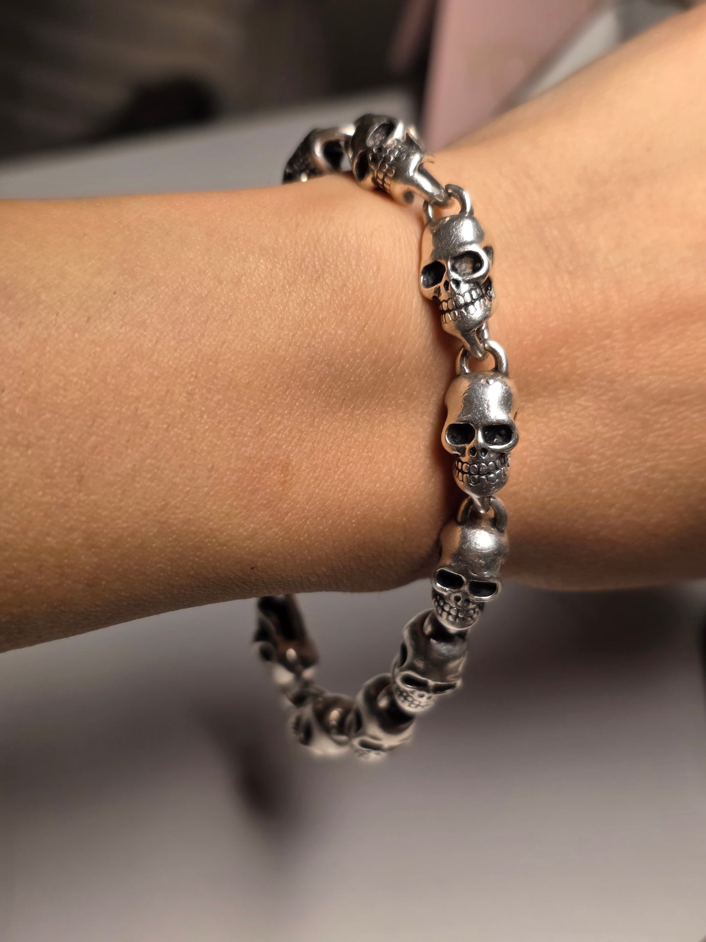 Badass Solid Hefty Skulls Link 925 Sterling Silver Bracelet 8.75"