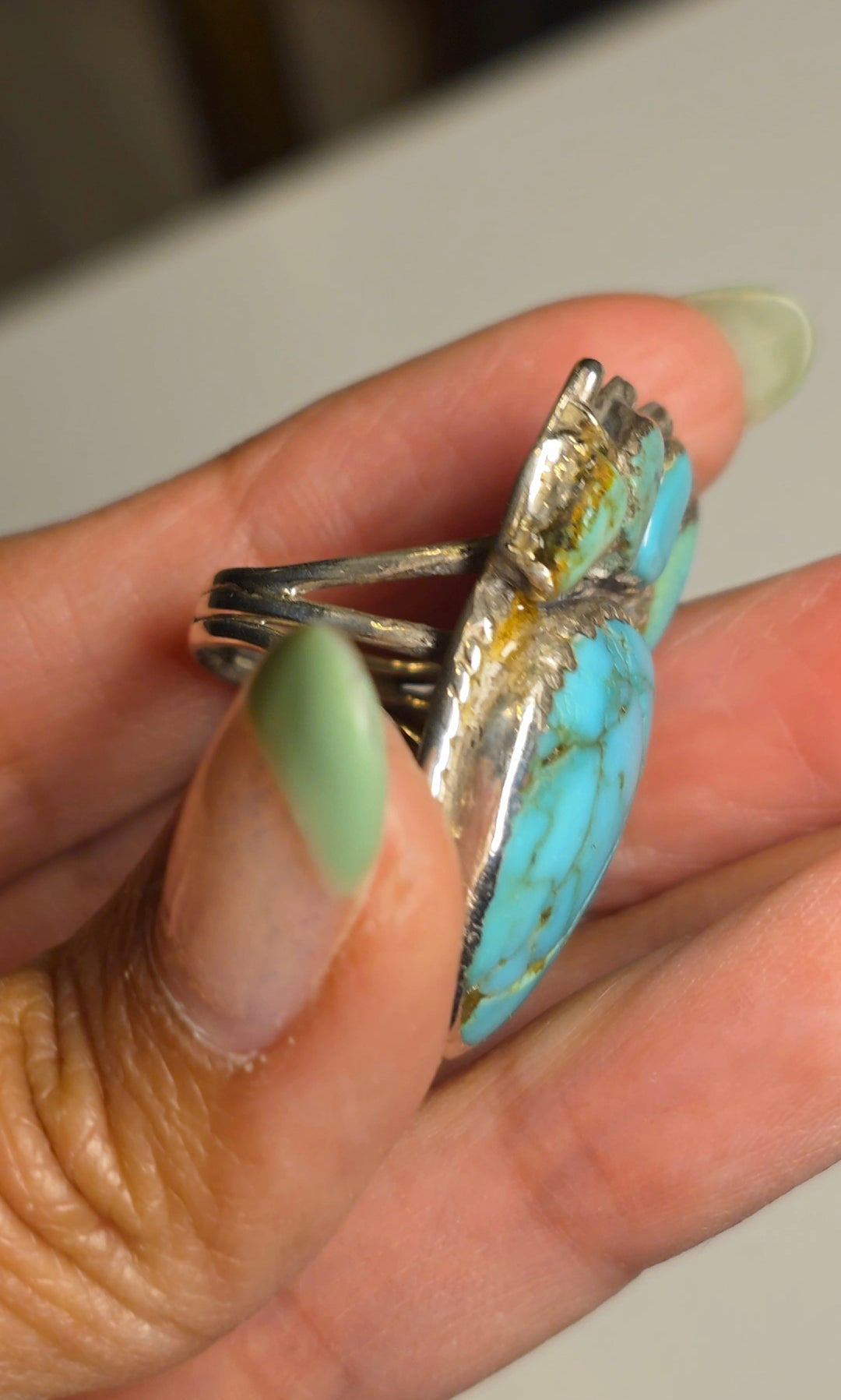 Vintage Signed MAJ Native American Turquoise Bear Claw/Paw Print Sterling Silver Solid Statement Ring Size 5