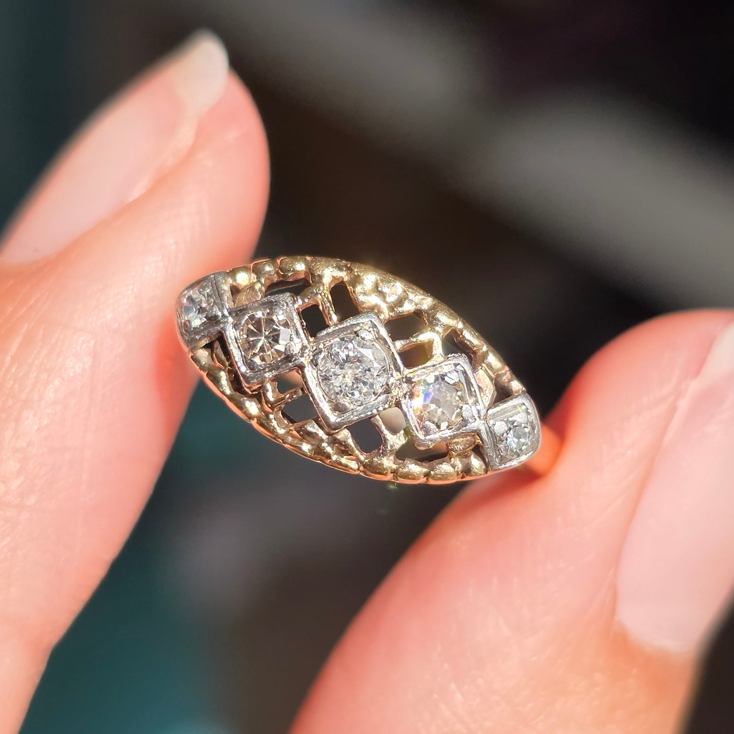 Beautiful Vintage Geometric Openwork Lattice 10k Two Toned Diamond Boat Ring Size 5