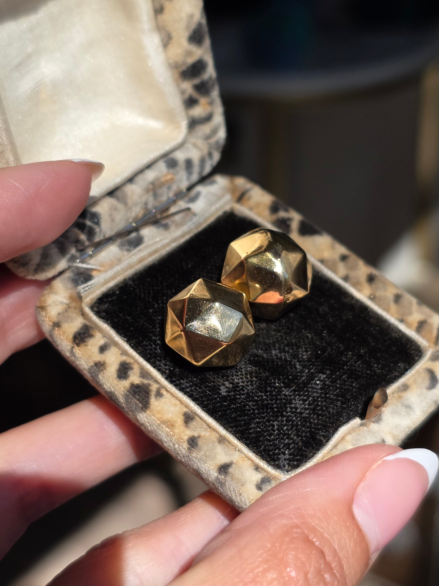 14k Gold Faceted Geometric Sphere Big Bead Modernist Button Statement Earrings