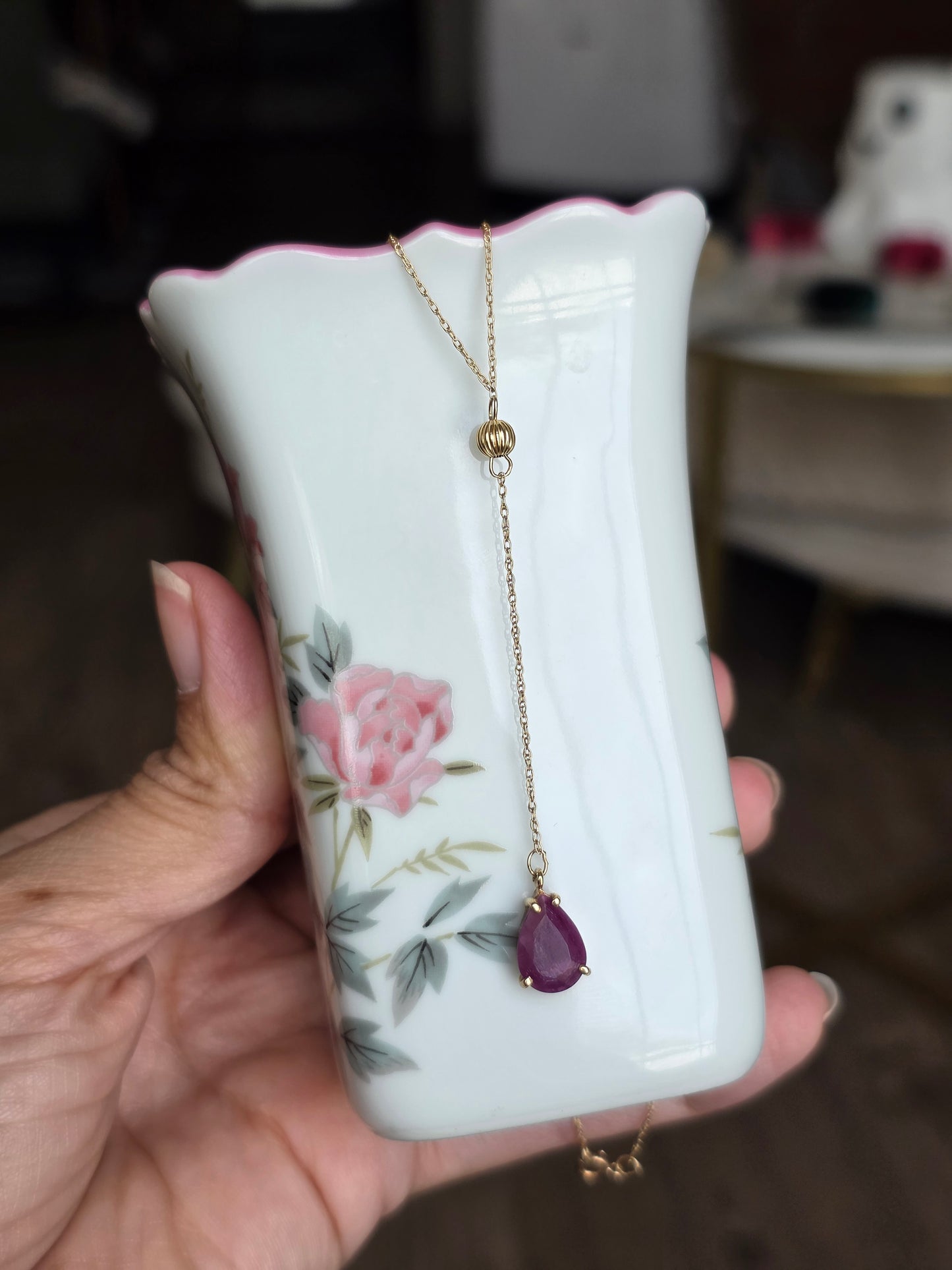Dainty 10k Gold Pear Cut 2.50ct Ruby Lariat Y Drop Necklace 16"