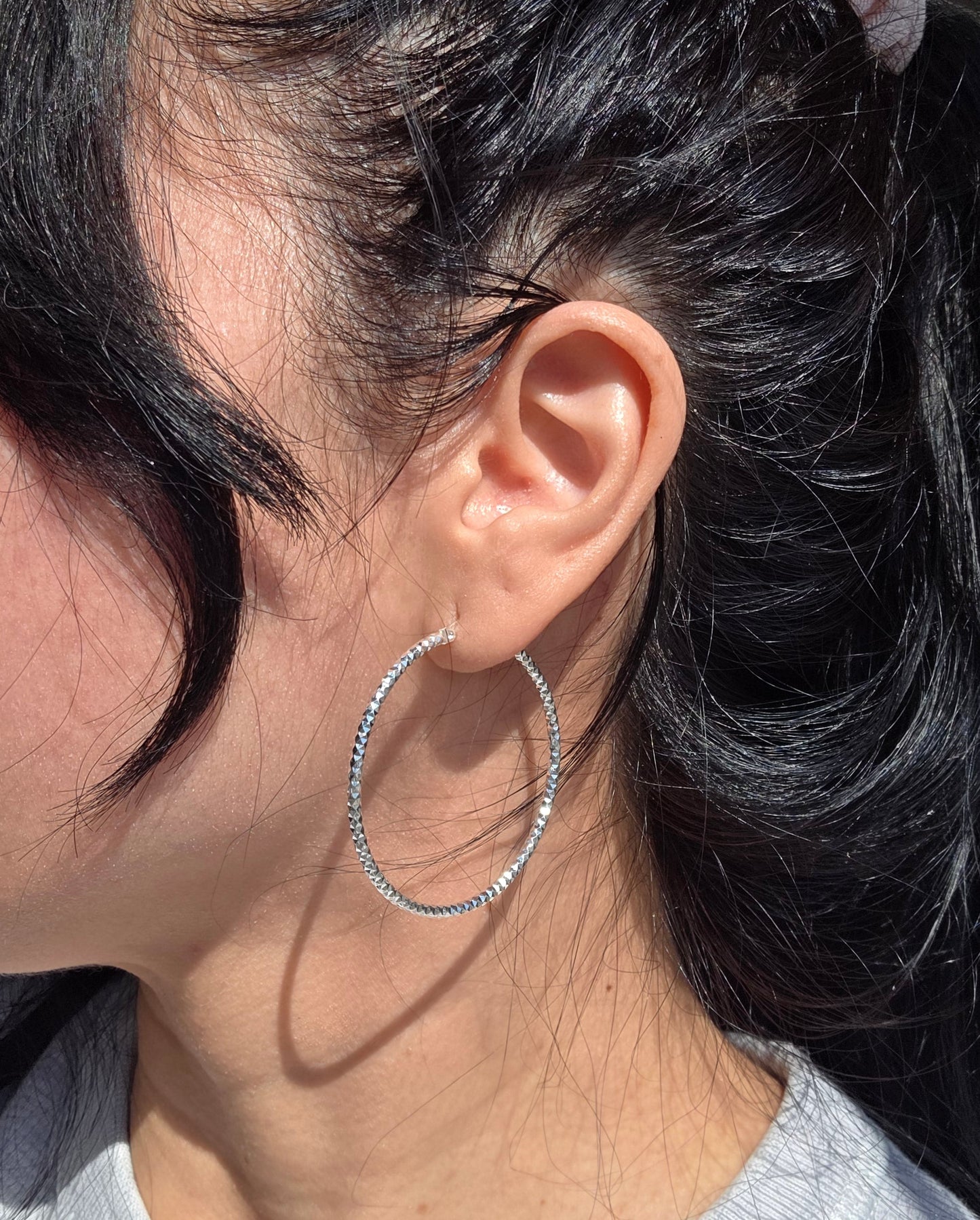 Large 44mm Textured Sterling Silver Hoops Earrings