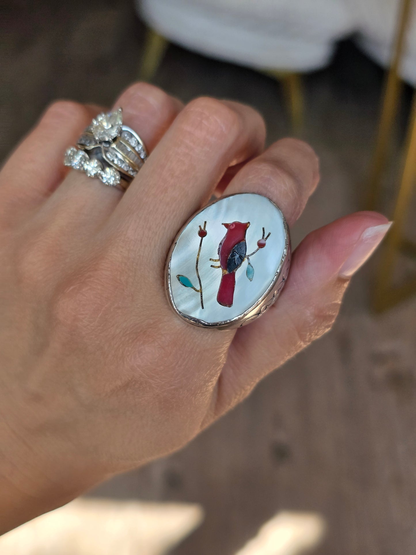 Amazing Solid Sterling Silver Heavy 1 OZ+ Gemstone Inlay Southwestern Style Bird Oval Signet Statement Ring Size 10.5