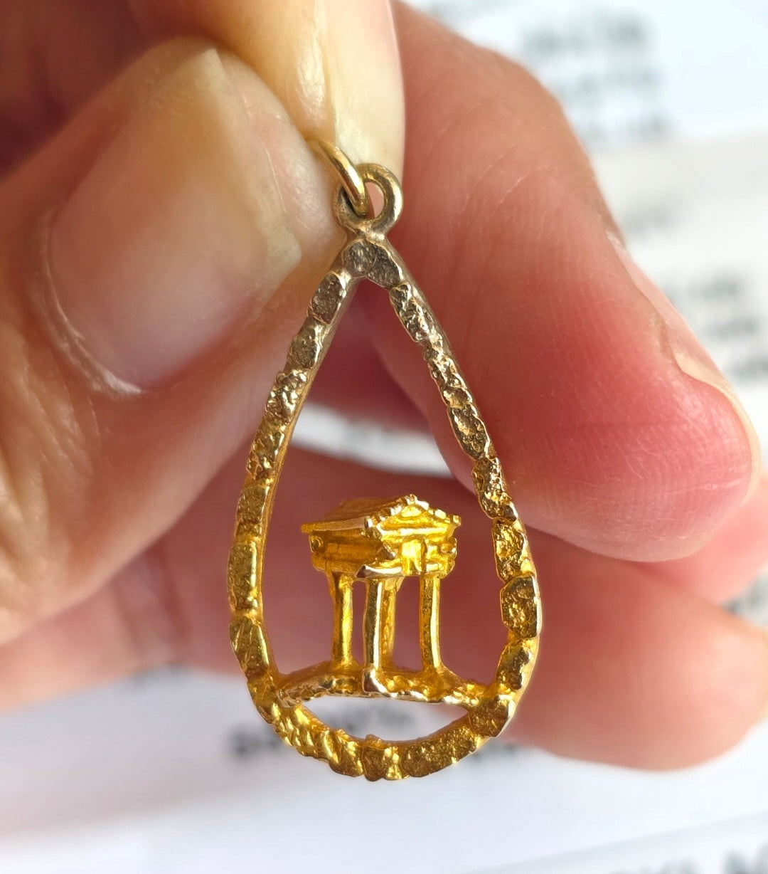 #10- 10k Gold 3D Greek Temple Inside Tear Drop Nugget 2T Ombre Frame Charm (NO CHAIN)
