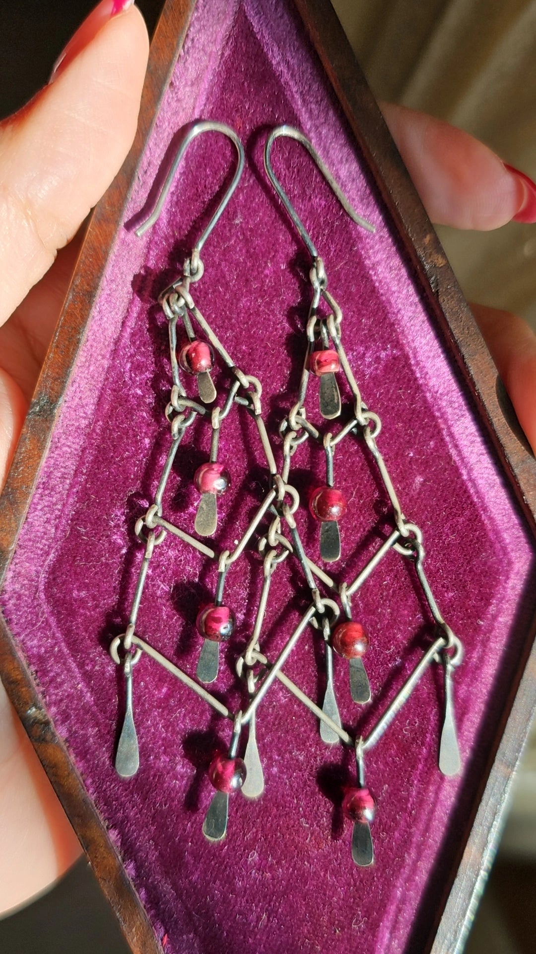 Vintage Gothic Style Sterling Silver Chandelier Garnet Bead Dangle Statement Earrings