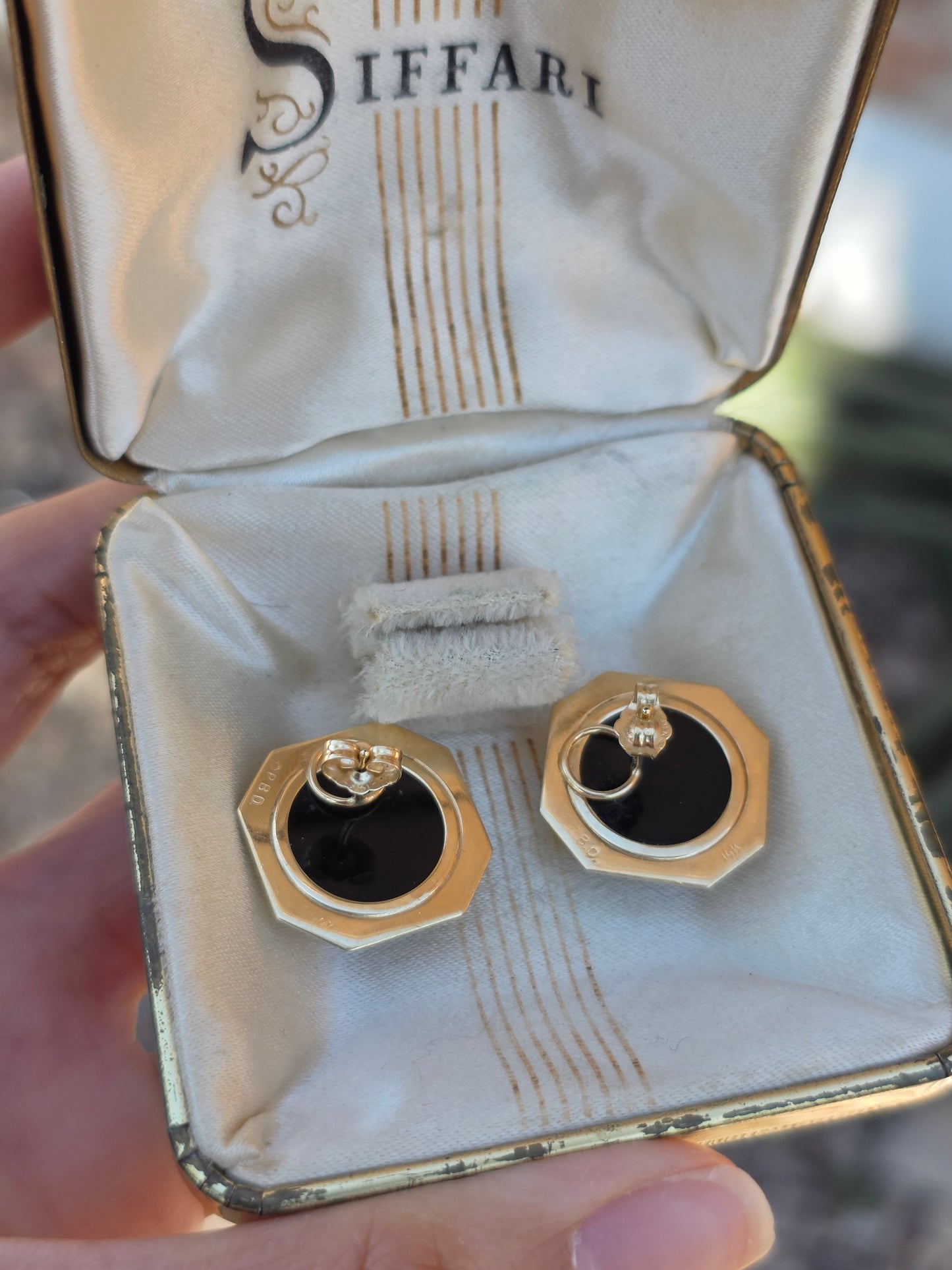 Geometric 14k Gold Onyx Cabochon Statement Button Earrings