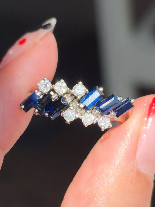 Vintage 14k White Gold .57TCW Midnight Blue Sapphire and Diamond Cascade Cluster Ring Size 6