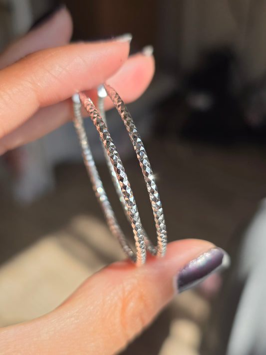 Large 44mm Textured Sterling Silver Hoops Earrings