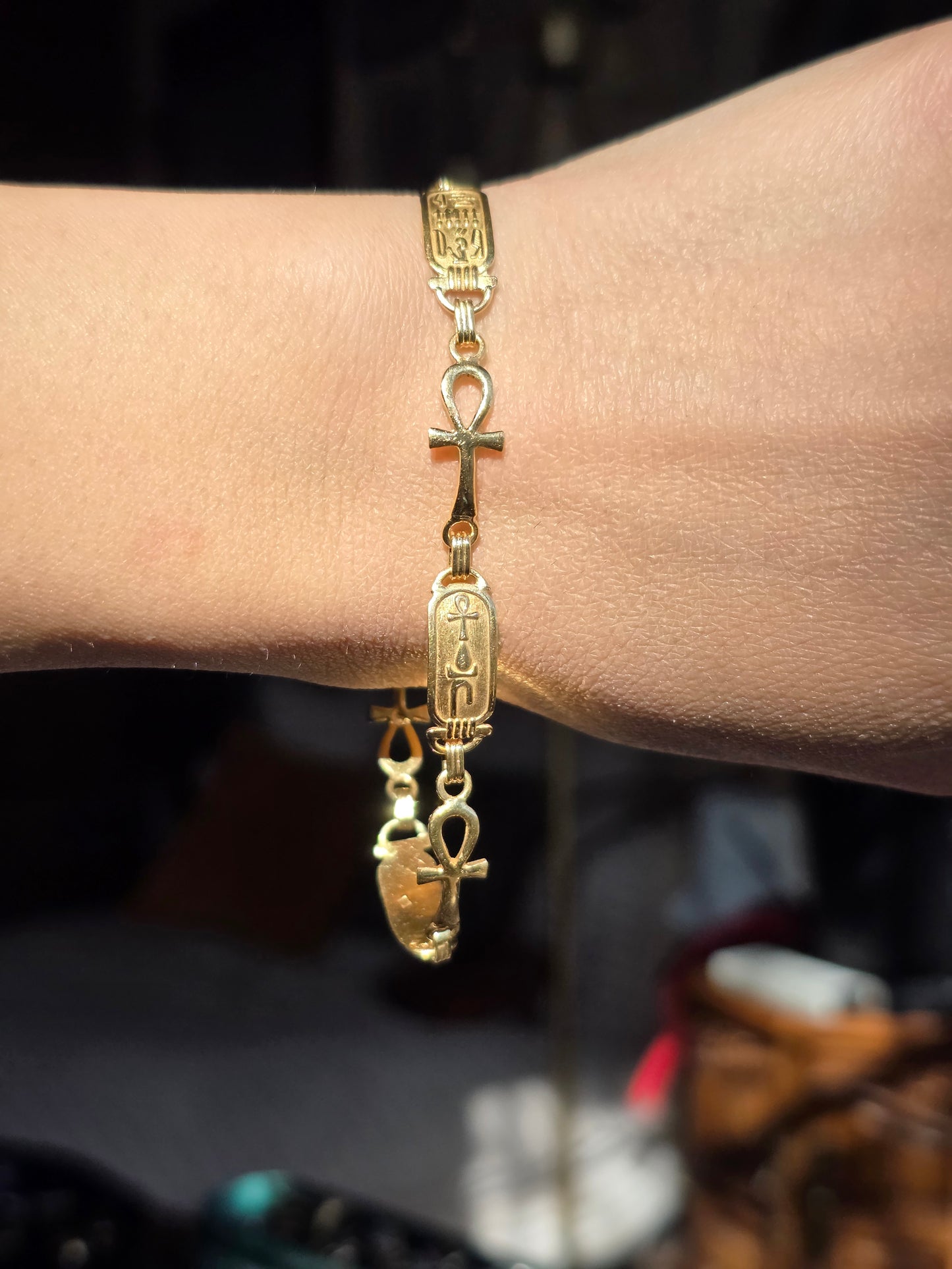 Solid 18k Gold Egyptian Cartouche & Ankh Cross Panel Bracelet 7.5"