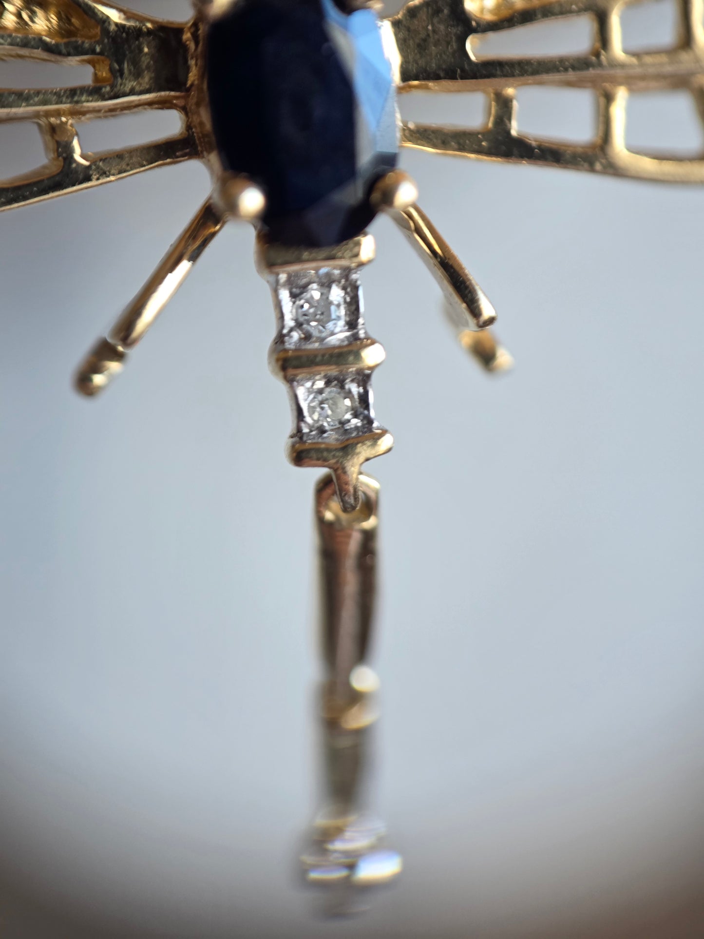 Adorable 14k Gold Sapphire and Diamond Two Toned Articulated Dragonfly Brooch/ Pendant (NO CHAIN)