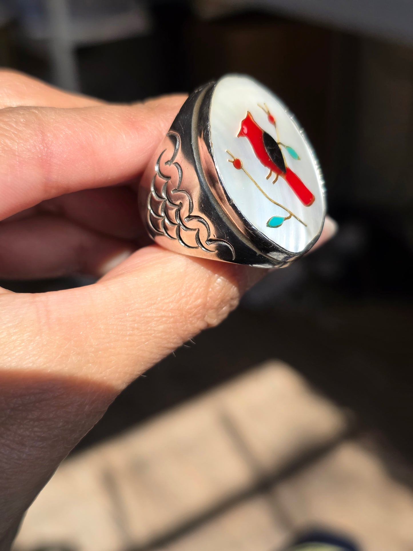 Amazing Solid Sterling Silver Heavy 1 OZ+ Gemstone Inlay Southwestern Style Bird Oval Signet Statement Ring Size 10.5