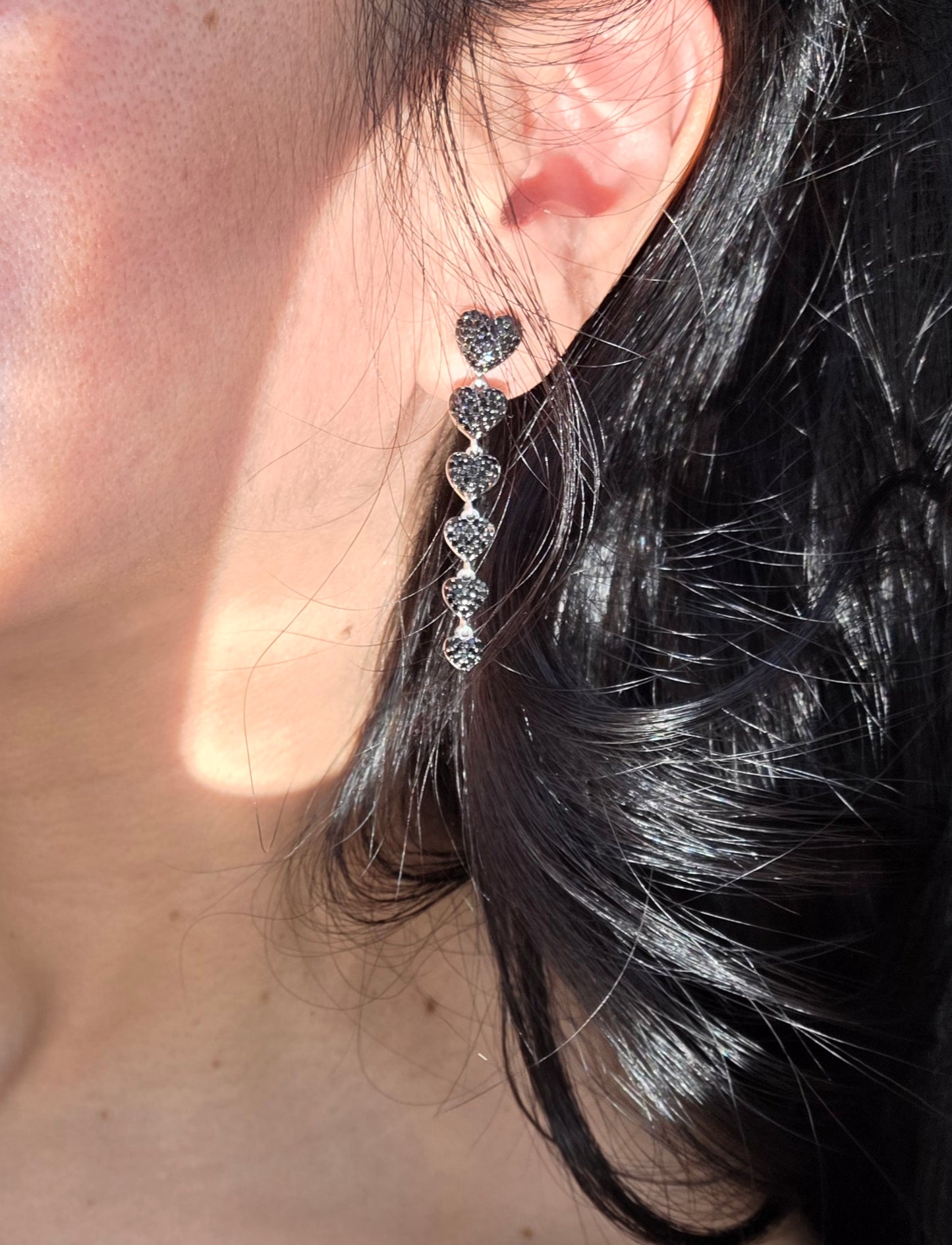 Sterling Silver Pave Set Black Onyx Heart Drop Dangle Statement Earrings