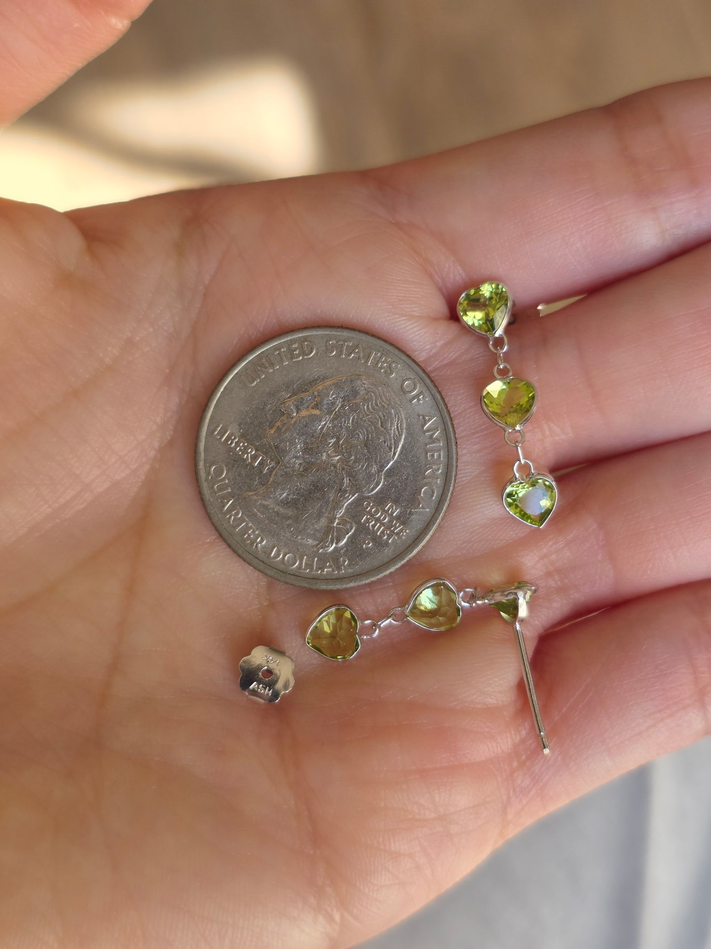 Pretty 14k White Gold Triple Heart Peridot Dangle Earrings August Birthstone