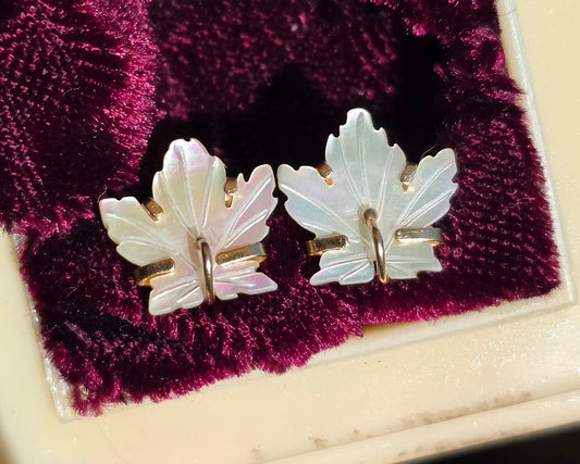 Pretty Carved Mother of Pearl Maple Leaves 10k Gold Earrings