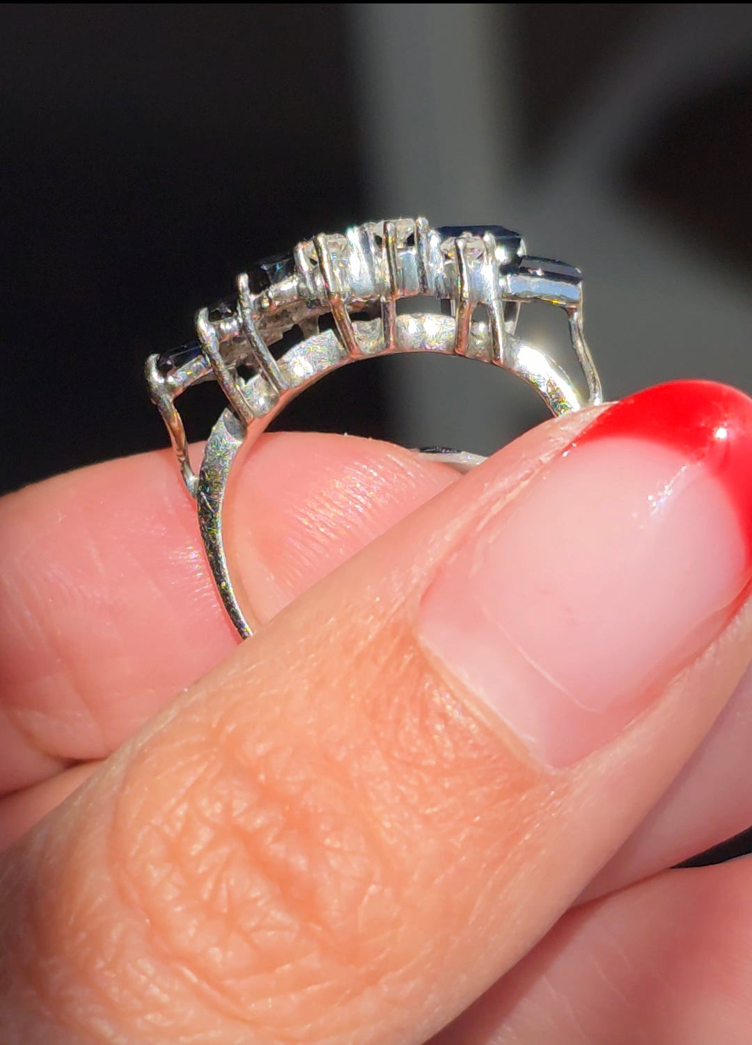 Vintage 14k White Gold .57TCW Midnight Blue Sapphire and Diamond Cascade Cluster Ring Size 6