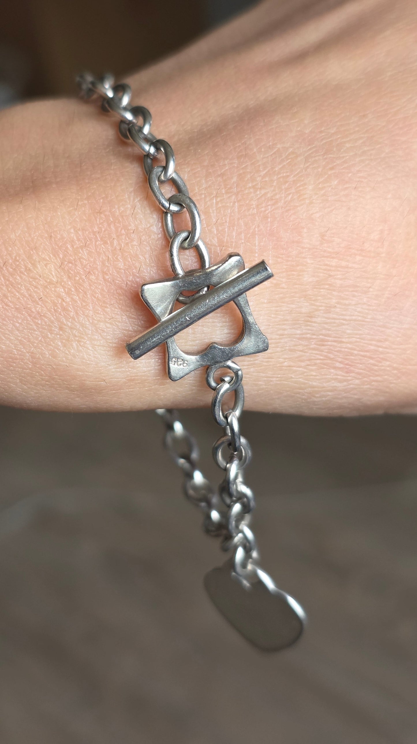 Sterling Silver Heart Tag Rolo Chain Bracelet Toggle Clasp 7.5"