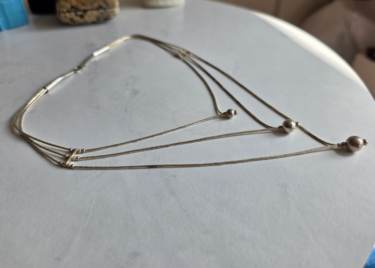 Pretty Vintage Liquid Silver Triple Strand Statement Necklace 16"