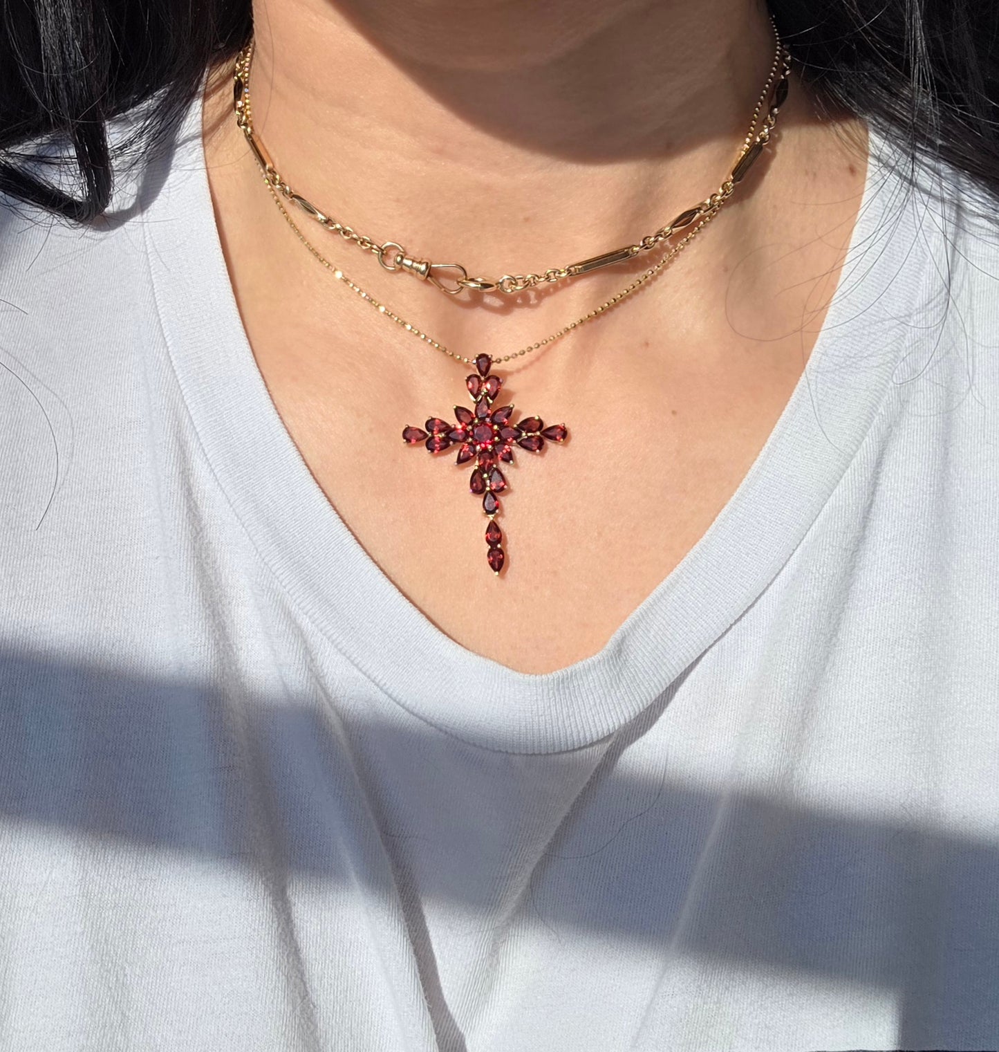 Crimson Red 10k Gold Large Garnet Cross Pendant (NO CHAIN)