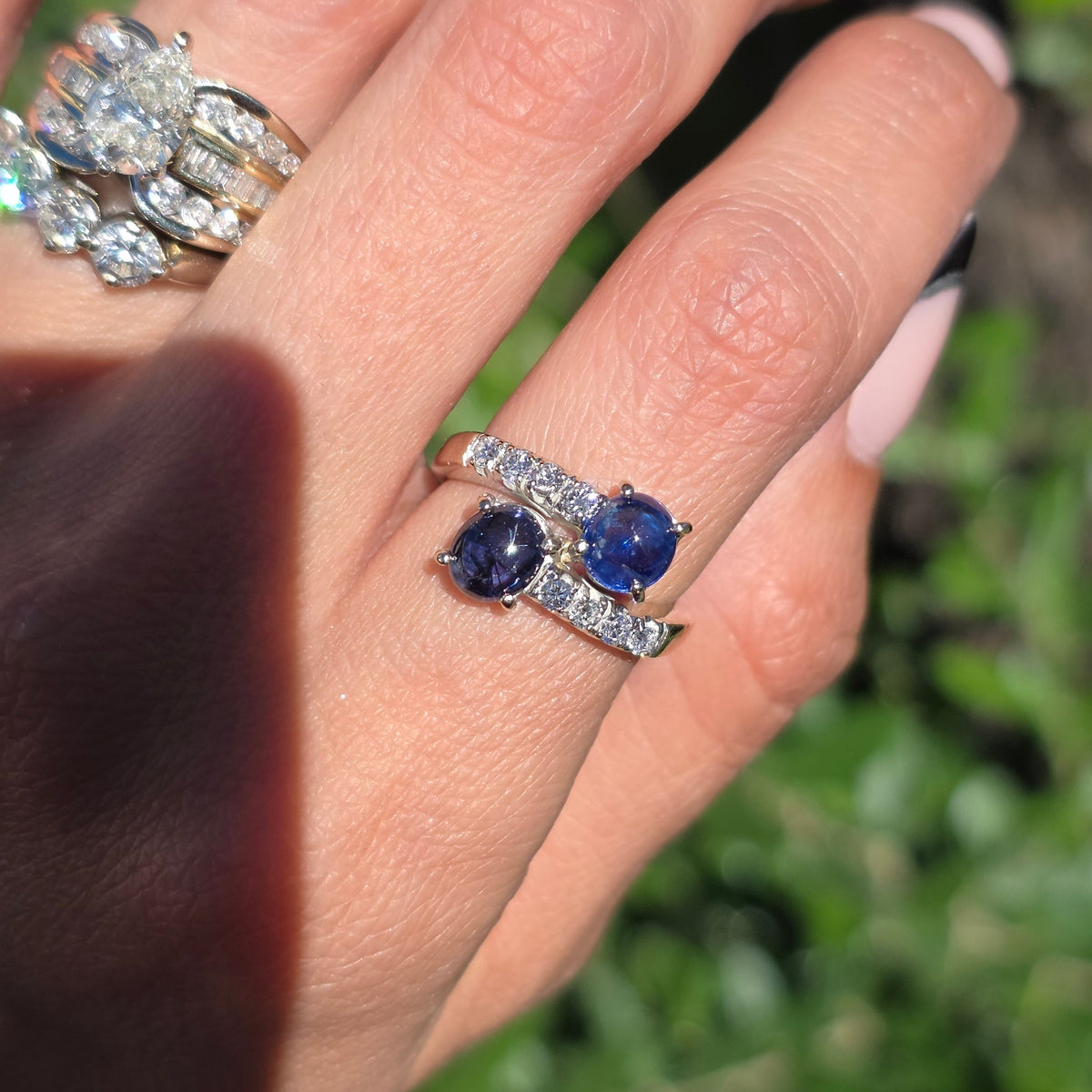 Gorgeous 18k White Gold 2.04TCW Natural Sapphire Cabochon & Diamond Bypass Statement Ring Size 4.75