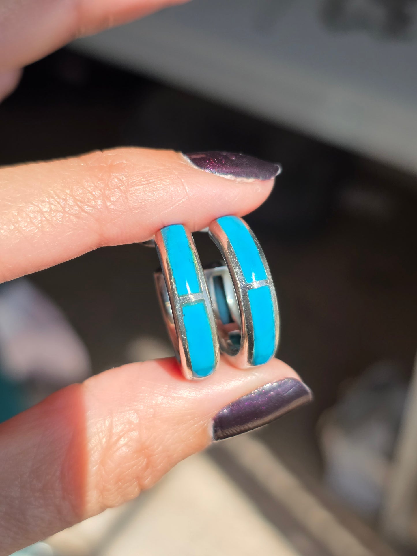 Awesome Turquoise Inlay Sterling Silver Solid Hoops Earrings