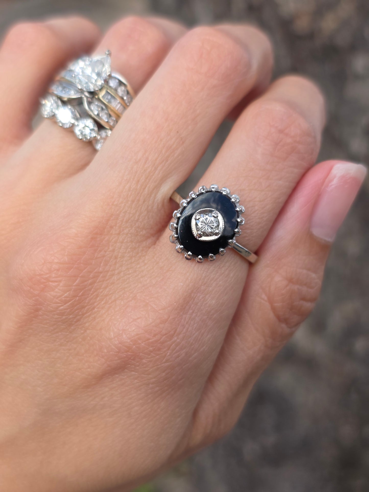 Stunning 10k White Gold Black Onyx And Diamond Statement Ring Size 8