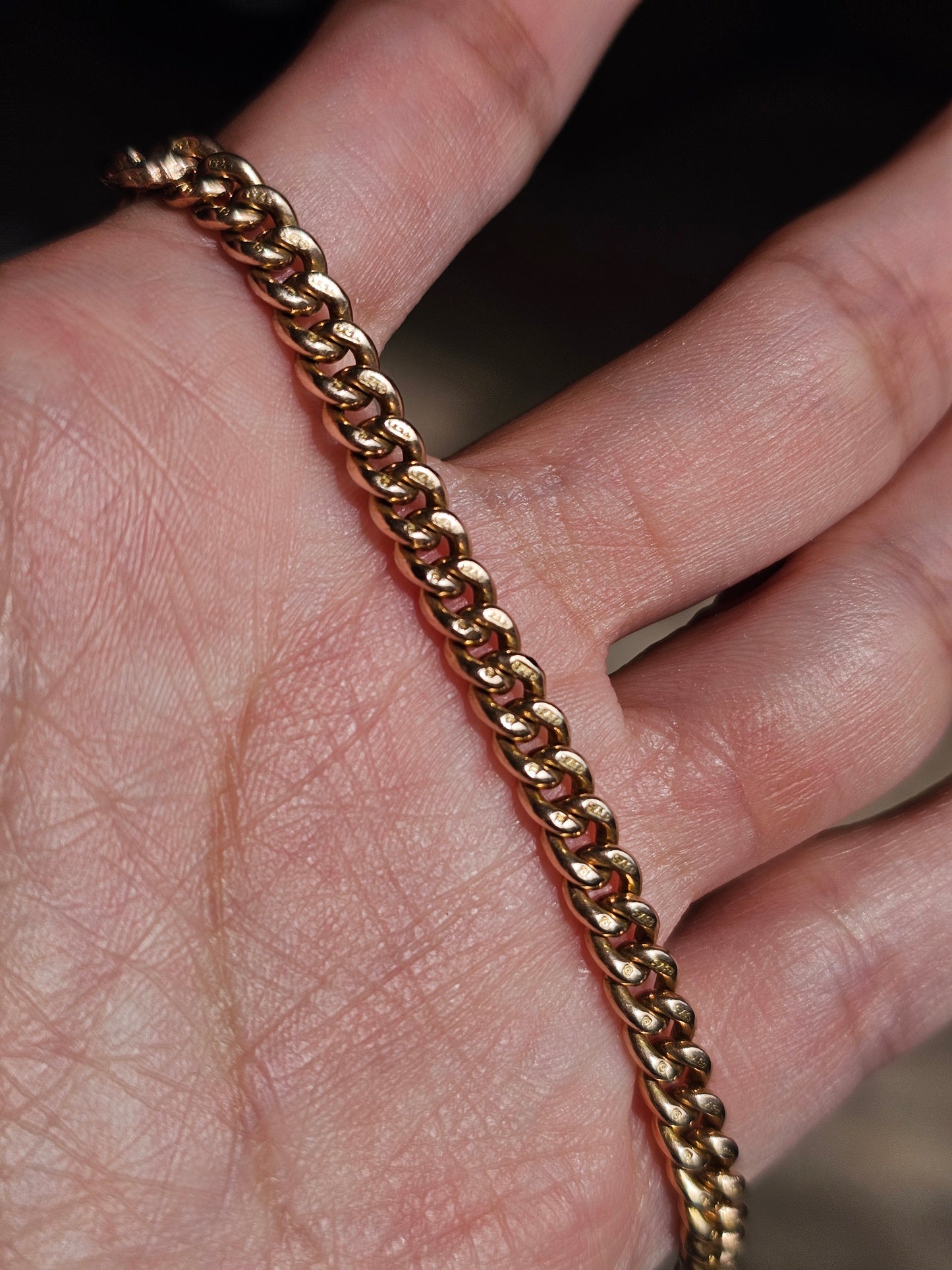 Beautiful Antique 9k Rosey Yellow Gold Tight Curb Watch Chain With T Bar Dangle 16.25"